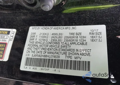 2017 Honda Cr-V Ex-L/Ex-L Navi from USA, damaged, VIN 5J6RW2H88HL074539